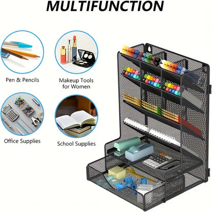 [1 Pcs Multi-Functional Organizer] 1 Pcs Pen Organizer for Desk, Multi-Functional Desk Organizer, Wall Mount Pen Holder with Drawer for School, Office, Home, Art Supplies, Black