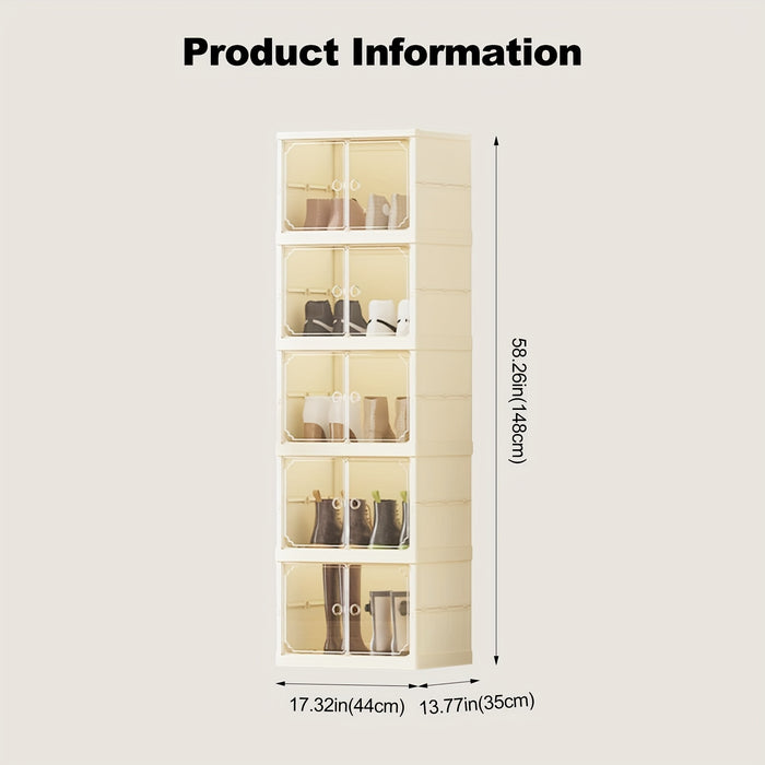 Portable Shoe Rack Organizer With Transparent Door, Foldable And Stackable Shoe Storage Cabinet