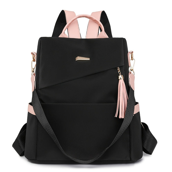 [Travel Ready] Elegant Women's Anti-Theft Lightweight Backpack - Chic White with Pink Accents, Large Capacity, Adjustable Straps, Tassel Detail, PU Material, Perfect for Travel & Daily Use