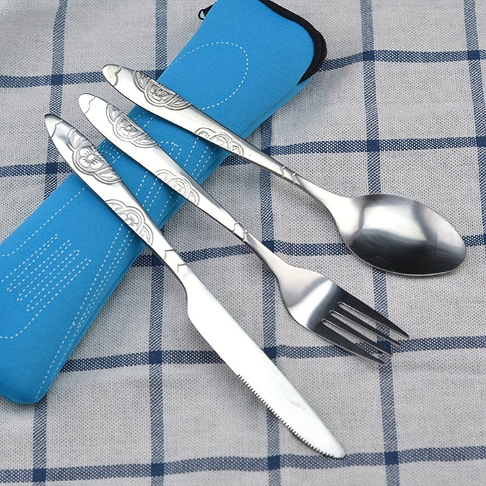 3pcs Set Dinnerware Portable Printed Knifes Fork Spoon Stainless Steel Family Camping Steak Cutlery Tableware with Bag