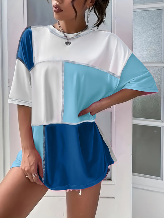Colorblock Patchwork Crew Neck T-Shirt, Casual Drop Shoulder Top For Spring & Summer, Women's Clothing