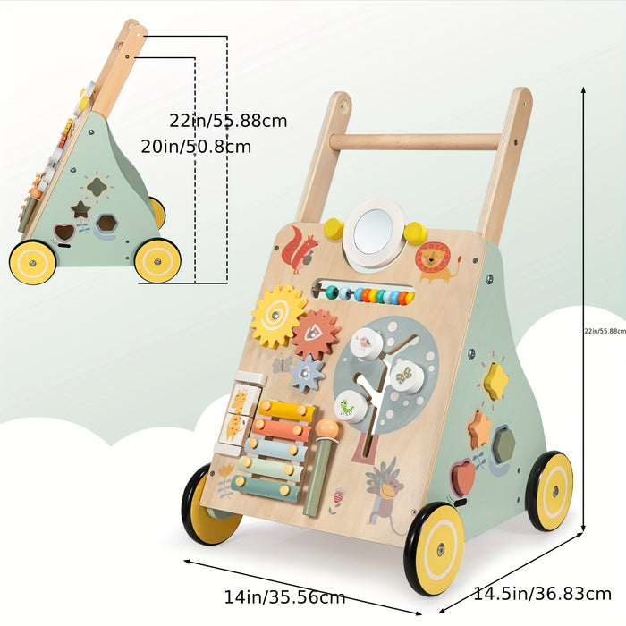 Wooden Baby Walker - Multiple Learning Activities Center Develops Motor Skills for Infant to Toddler, Push and Pull Walkers with Wheel - For Boys & Girls -  Suitable for 6-18 Months -  Perfect Gift for Baby Shower