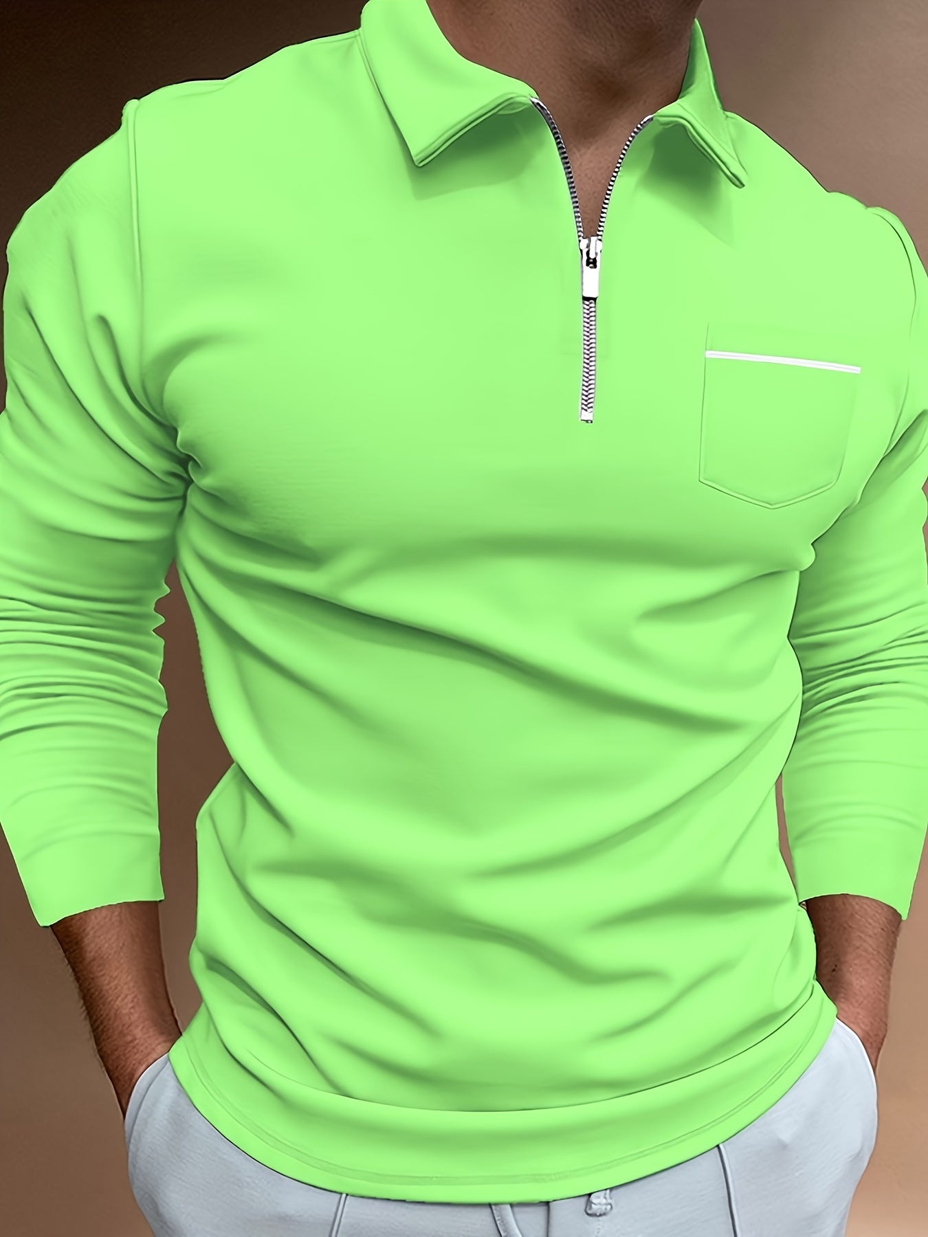 Men's Casual Long Sleeve Zipper Lapel Shirt with Chest Pocket, Spring/Fall Outdoor Wear