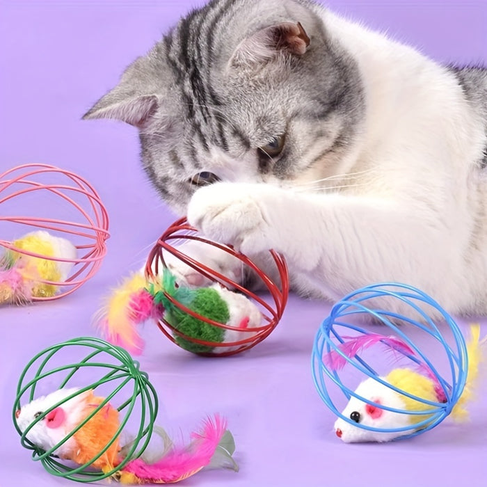 Amusing, Interactive Cat Toy with Real Feather Tail - Cage Mouse Teaser for Endless Fun, Durable Fabric Material, Cat Interactive Toy