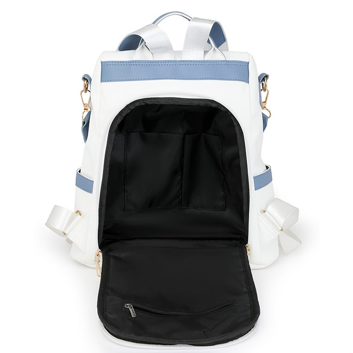 [Travel Ready] Elegant Women's Anti-Theft Lightweight Backpack - Chic White with Pink Accents, Large Capacity, Adjustable Straps, Tassel Detail, PU Material, Perfect for Travel & Daily Use
