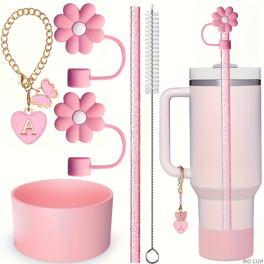 1 set of 6pcs, A, M Letter Butterfly Love Pendan Cup Accessories Set for Cup 30 OZ And 40 OZ Tumbler with Handle, Including Straw Topper Cover Cap And Boot, Straw, Cleaning Brushe, Straw - Reusable, flower camping Outdoors, O