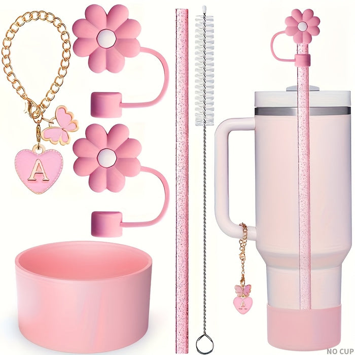 1 set of 6pcs, A, M Letter Butterfly Love Pendan Cup Accessories Set for Cup 30 OZ And 40 OZ Tumbler with Handle, Including Straw Topper Cover Cap And Boot, Straw, Cleaning Brushe, Straw - Reusable, flower camping Outdoors, O