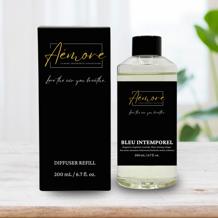 Aemore diffuser refill bottle and packaging on a wooden surface with a blurred background