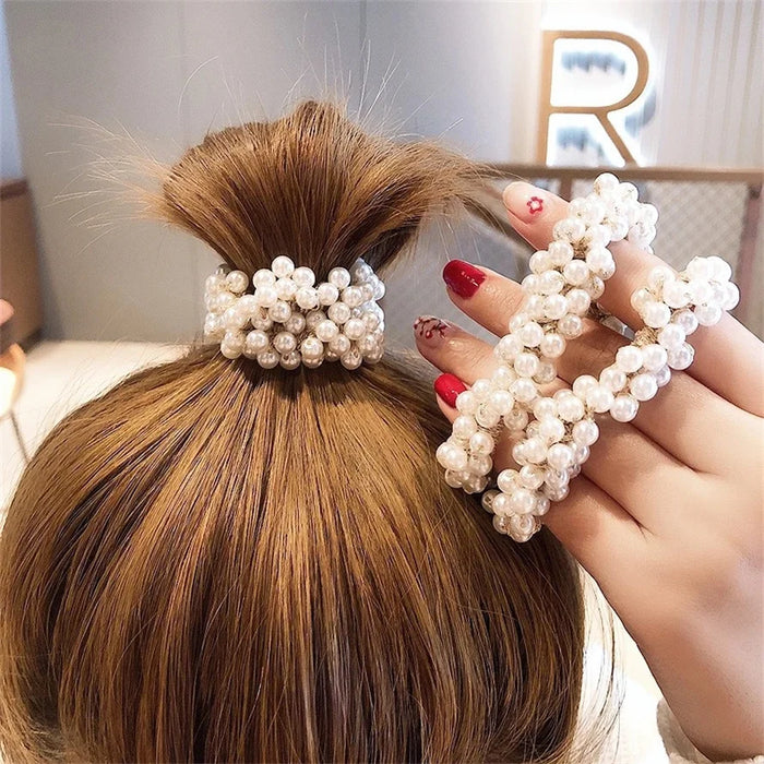 Woman Elegant Pearl Hair Ties Beads Girls Bow Scrunchies Rubber Hairbands Ponytail Holders Hair Accessories Elastic Hair Bands