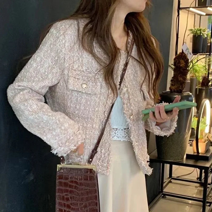 SMTHMA Fashion Korean Chic Vintage Tweed Woolen Jacket Coat