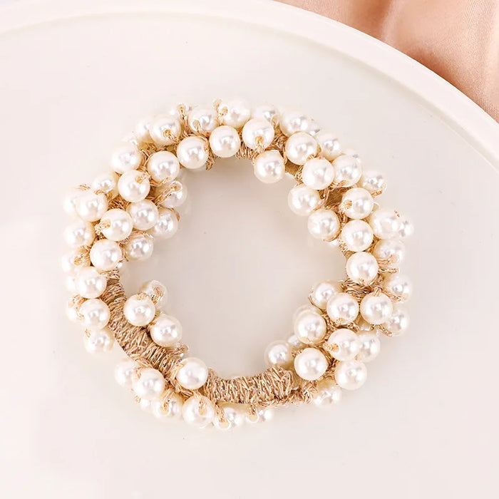 Woman Elegant Pearl Hair Ties Beads Girls Bow Scrunchies Rubber Hairbands Ponytail Holders Hair Accessories Elastic Hair Bands