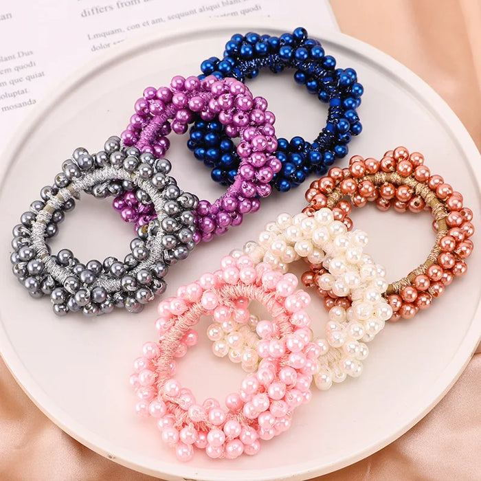 Woman Elegant Pearl Hair Ties Beads Girls Bow Scrunchies Rubber Hairbands Ponytail Holders Hair Accessories Elastic Hair Bands