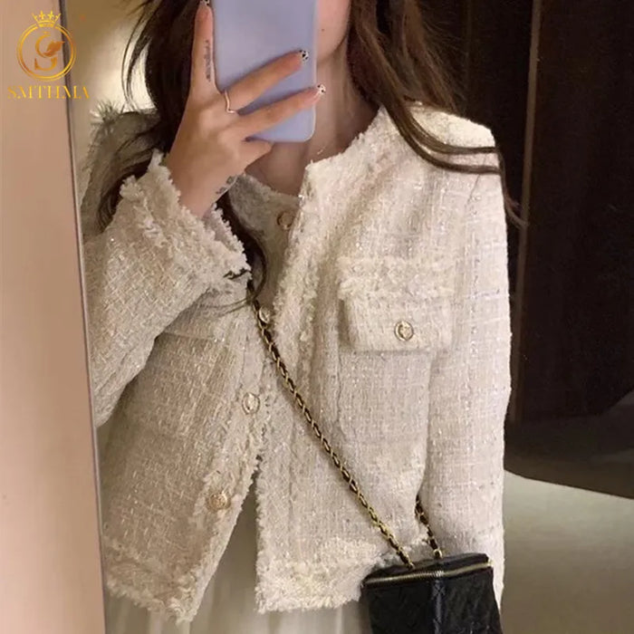 SMTHMA Fashion Korean Chic Vintage Tweed Woolen Jacket Coat