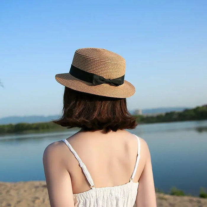 COKK Panama Simple Summer Beach Hat Female Casual Lady Women Flat Brim Bowknot Straw Cap Girls Sun Hat Chapeu Feminino