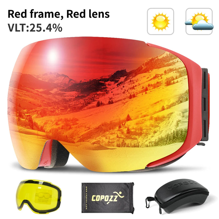 COPOZZ Magnetic Ski Goggles with Quick-Change Lens and Case Set 100% UV400 Protection Anti-fog Snowboard Goggles for Men & Women
