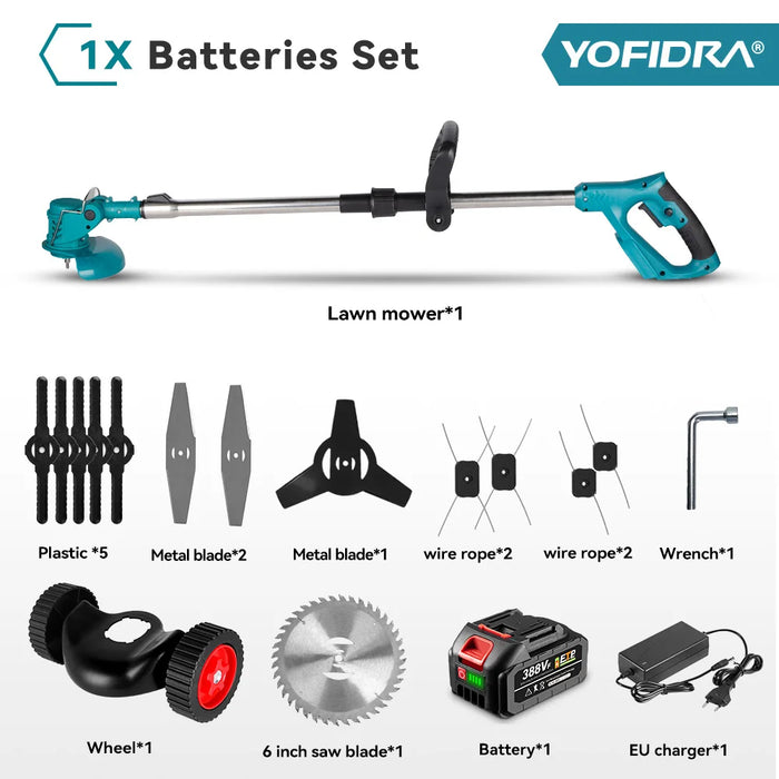YOFIDRA Electric Lawn Mower Cordless Garden Grass Cutting Trimmer 100-135cm Length Cutter Power Tool For Makita 18V Battery Pin