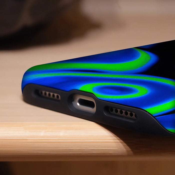 Aegis case Protective Bumper for Magnetic Magsafe for iPhone 17 16 15 14 Plus 13 Pro Max Hard PC  Neon Green and Blue Abstract