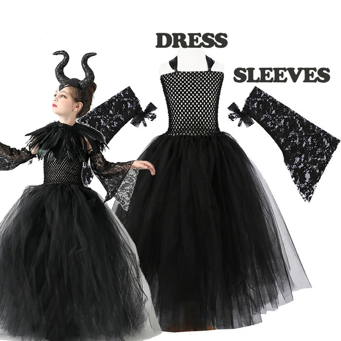 2026 New Halloween Costume Tulle Dress for Girls Cosplay Evil Queen Black Mesh Princess Dress Kids Clothes