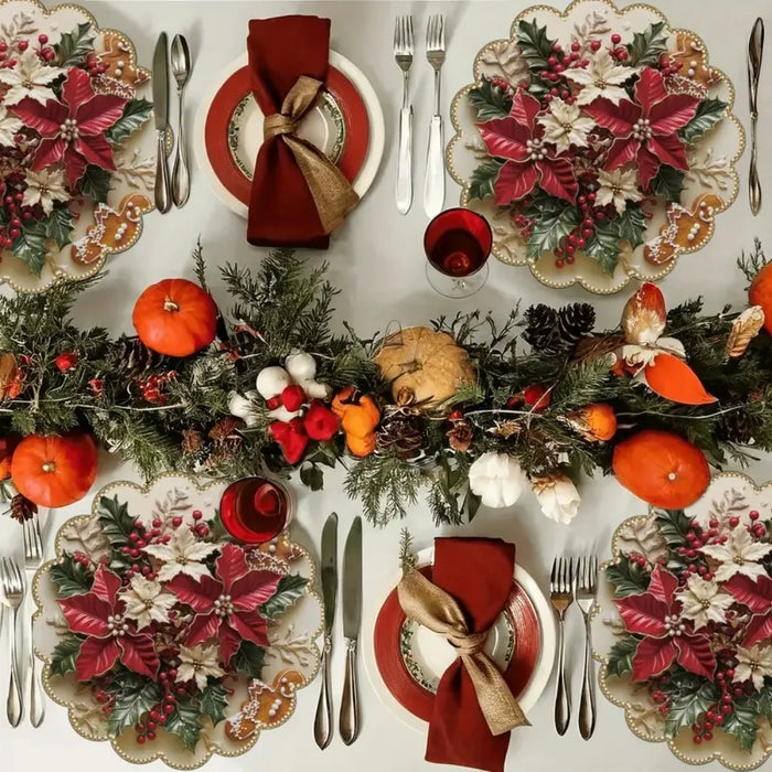 Poinsettia placemats with red napkins and cutlery