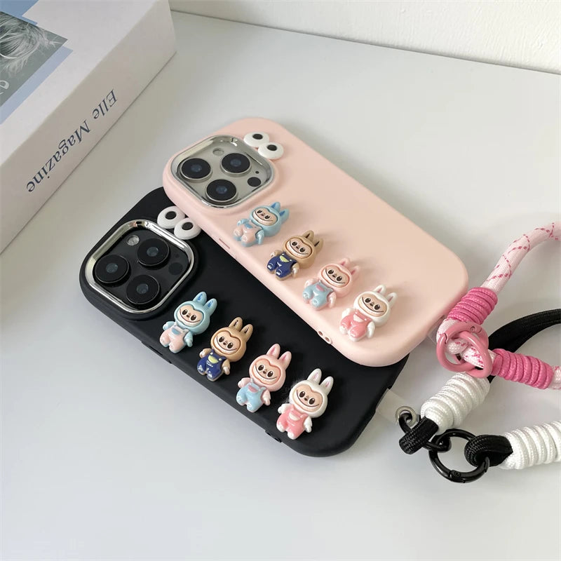3D labubu Cartoon Phone Case For iPhone 16 15 14 13  Plus Pro Max With Wrist Strap Cute Eyes Soft Cover