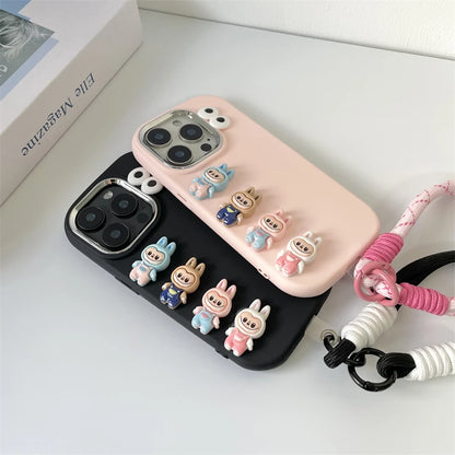 3D labubu Cartoon Phone Case For iPhone 16 15 14 13  Plus Pro Max With Wrist Strap Cute Eyes Soft Cover
