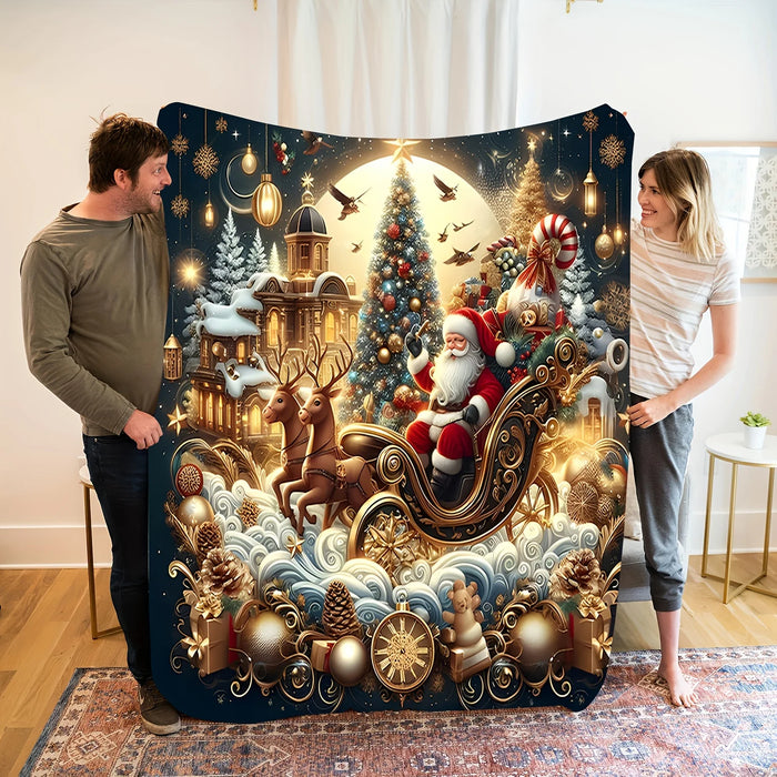Couple holding up a large Santa sleigh Christmas blanket
