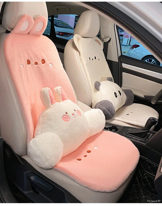 Plush Cute Cartoon Car Seat Cushion Pad Full Set Breathable Four Seasons Car Seat Cover Anti Slip Interior Accessories Universal