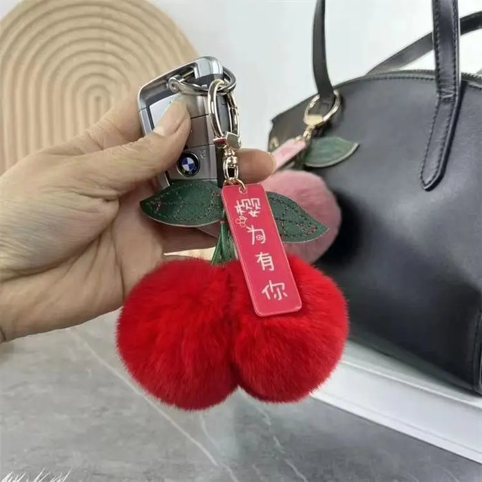Cute Soft Fluffy Red Rabbit Fur Ball Pompom Leaf Keychain Cherry Key Chain Bag Key Car KeyChains Dec Pendant Gift