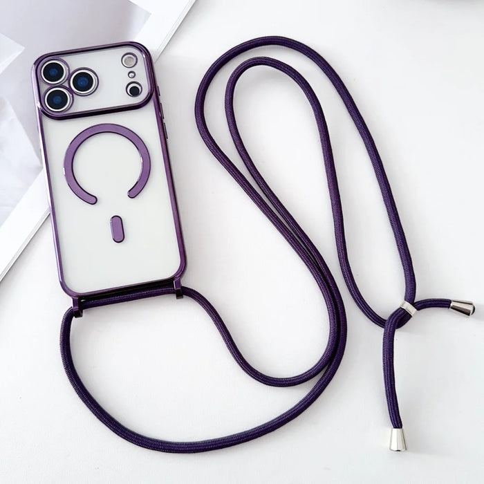 Luxury Necklace Cord Rope Lanyard Plating Magnetic Clear Phone Case For iPhone 17 16 14 11 12 13 15 Pro Max For Magsafe Cover