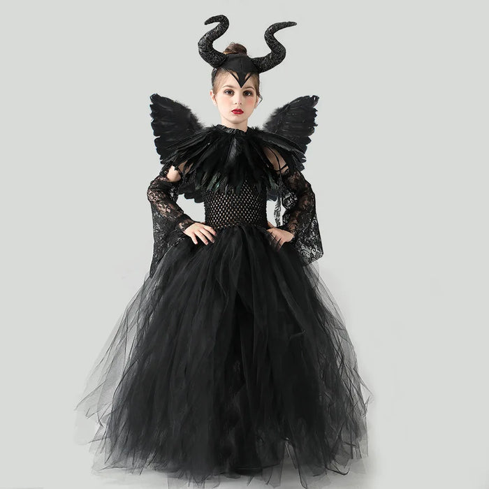 2026 New Halloween Costume Tulle Dress for Girls Cosplay Evil Queen Black Mesh Princess Dress Kids Clothes