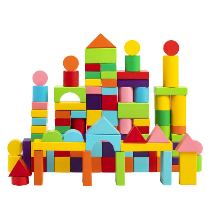 Colourful wooden building blocks stacked into a castle