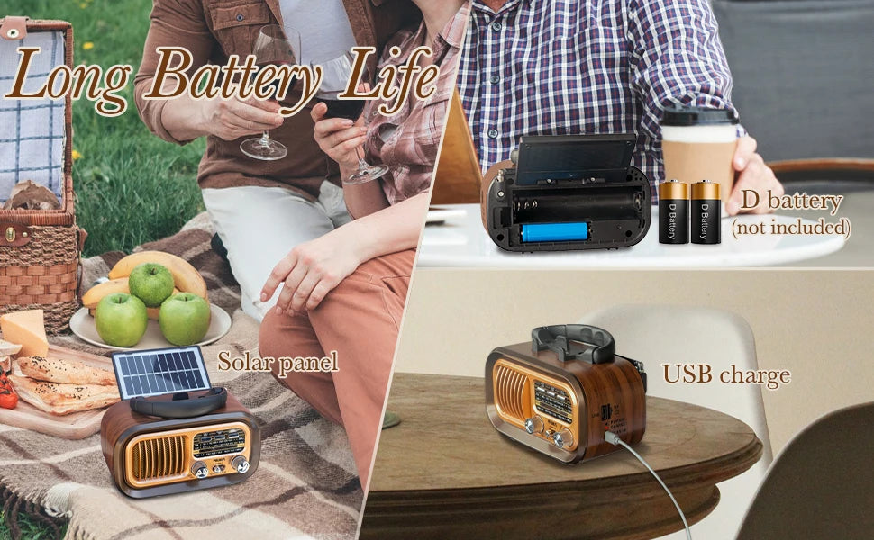 PRUNUS J-150 Retro Vintage Radio Bluetooth, Portable Radio AM FM Transistor Solar/Battery Operated Radio/Rechargeable Radio