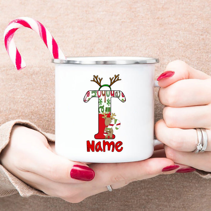 Personlized Reindeer Initial with Name Enamel Cups Christmas Hot Chocolate Mug