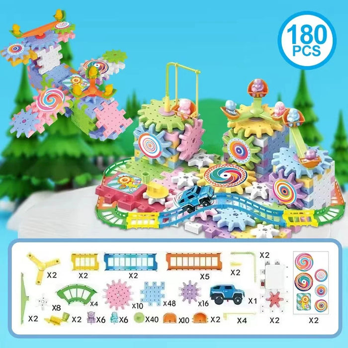 180-piece electric gear set with track, car and piece list