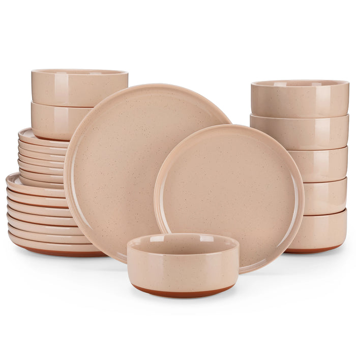 MALACASA TARA 12/24 Pcs Dinnerware Set Curved Edge Sesame Glaze Stoneware Plates Set With 4/6pcs Dinner Plate/Dessert/Bowl