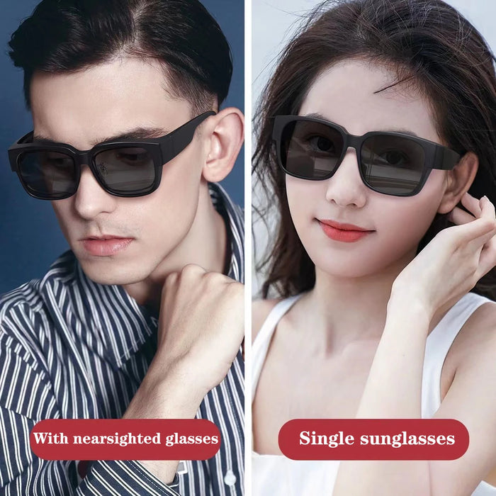Man and woman wearing black fit-over sunglasses, over glasses and on their own