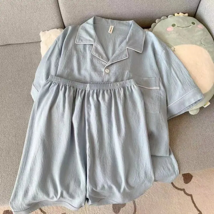 Youth Men's Slim Fit New Pajama Set Solid Color Short Sleeve Lapel Top and Elastic Shorts Pajamas Summer Loungewear Sleepwear