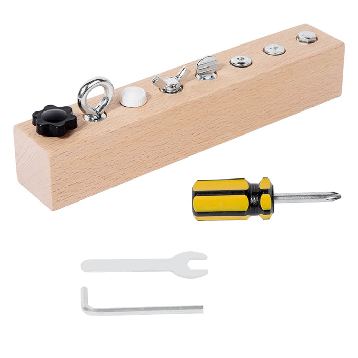 Long wooden screw board with knob, eye bolt and wing screw, plus tools