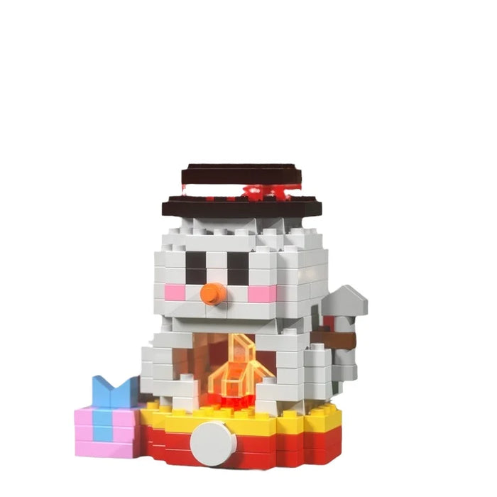 Snowman micro block figure with a glowing fireplace