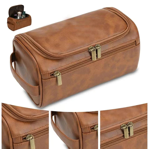 Brown PU leather hanging toiletry bag with close-ups of the zips