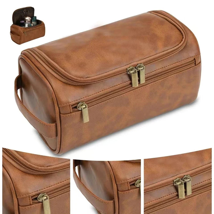 Brown PU leather hanging toiletry bag with close-ups of the zips