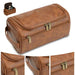 Brown PU leather hanging toiletry bag with close-ups of the zips