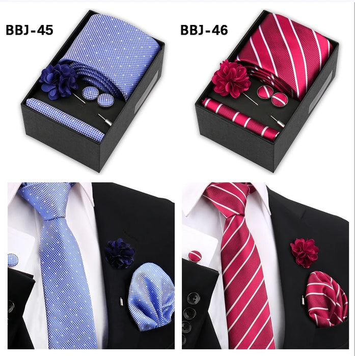 Four men's tie gift sets in assorted patterns with style codes