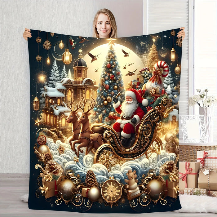 Woman holding up a Santa sleigh Christmas fleece blanket