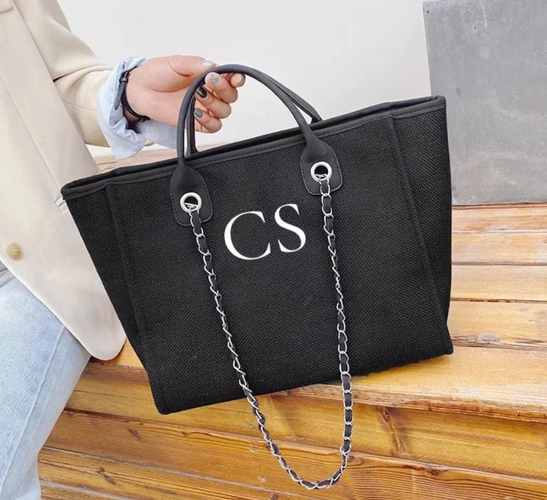 Personalised Chain Monogram Canvas Tote Bag Shoulder Bag