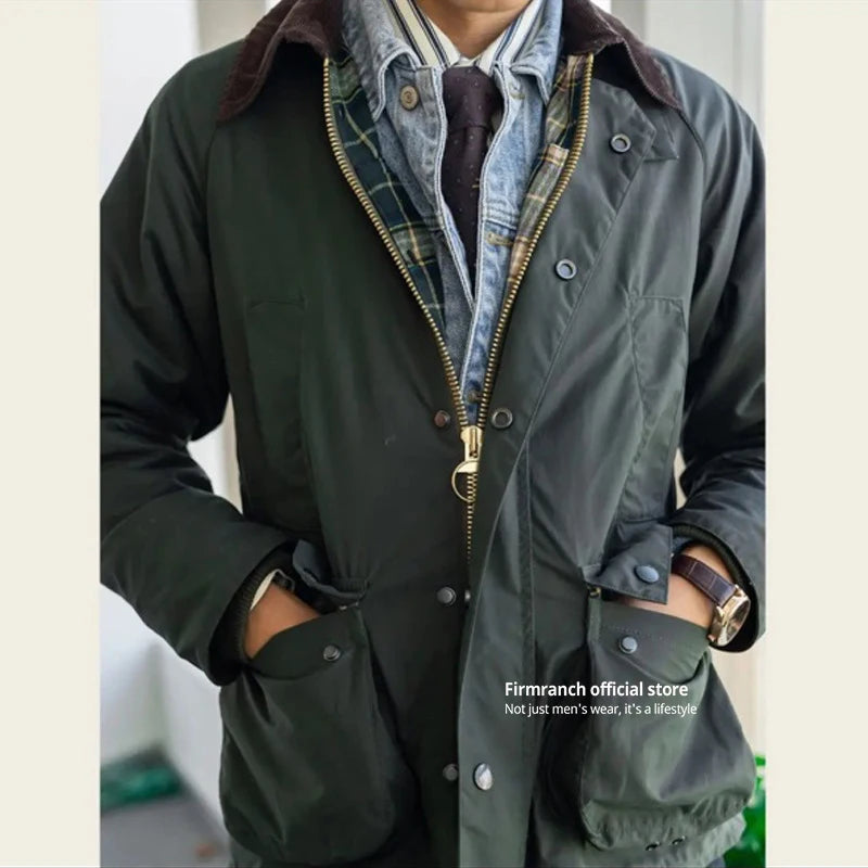 British Vintage Oil Wax Hunting Jacket Cargo Waterproof Trench Coat