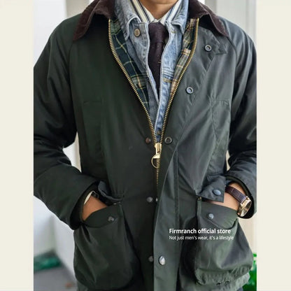 British Vintage Oil Wax Hunting Jacket Cargo Waterproof Trench Coat