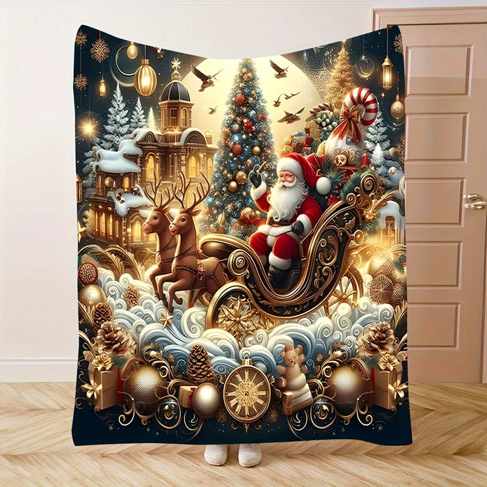 Santa sleigh Christmas blanket held up by a door