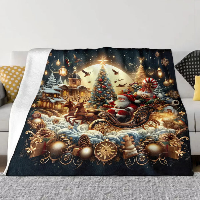 Santa sleigh Christmas blanket spread over a sofa