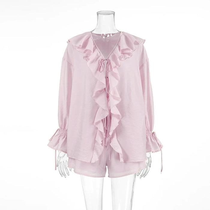 Tuularose New Casual Shorts Two-piece Set Women's Ruffled Loose Tie Top Simple Shorts Set Office Lady Summer Female Shorts Set